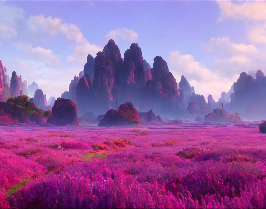 Purple Fields Landscape with Pink Sky and Dark Mountains