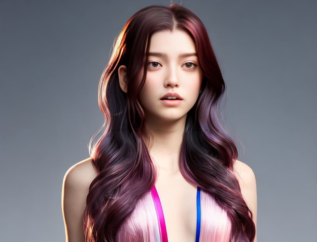 Long Wavy Hair Transitioning from Dark to Vibrant Purple on Woman against Grey Background