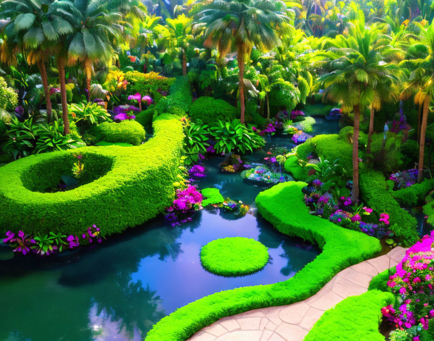 Lush Tropical Garden with Colorful Flowers & Palm Trees