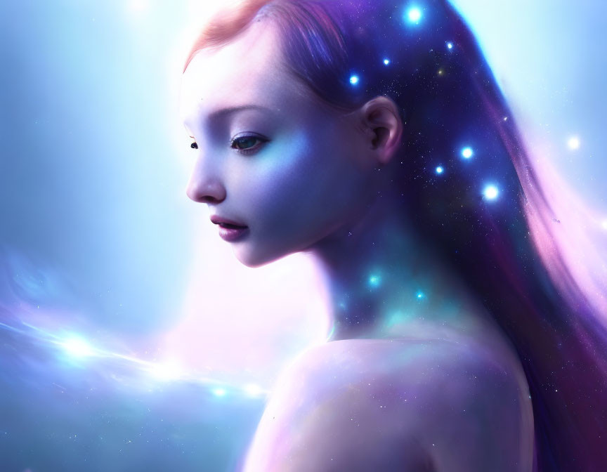 Mystical woman portrait with purple skin and cosmic aura