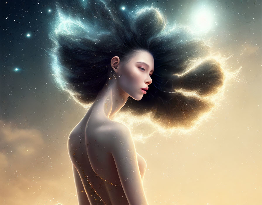 Digital artwork: Woman with ethereal hair in starry sky.