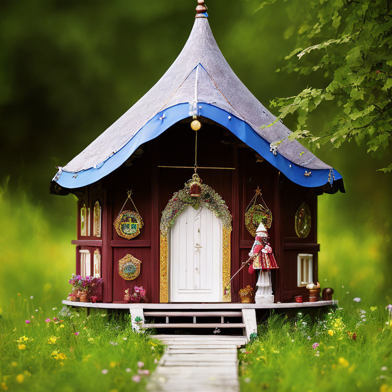 Miniature Blue Roofed House in Lush Green Field with Flowers