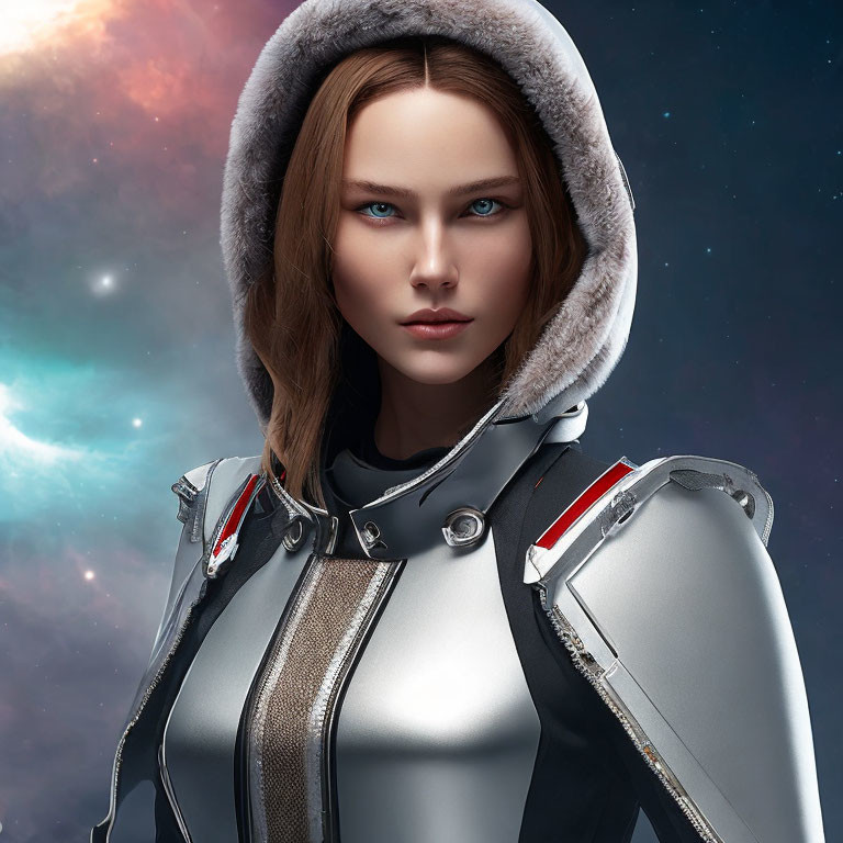 Digital portrait of woman with pale blue eyes in futuristic hooded jacket against cosmic starry background