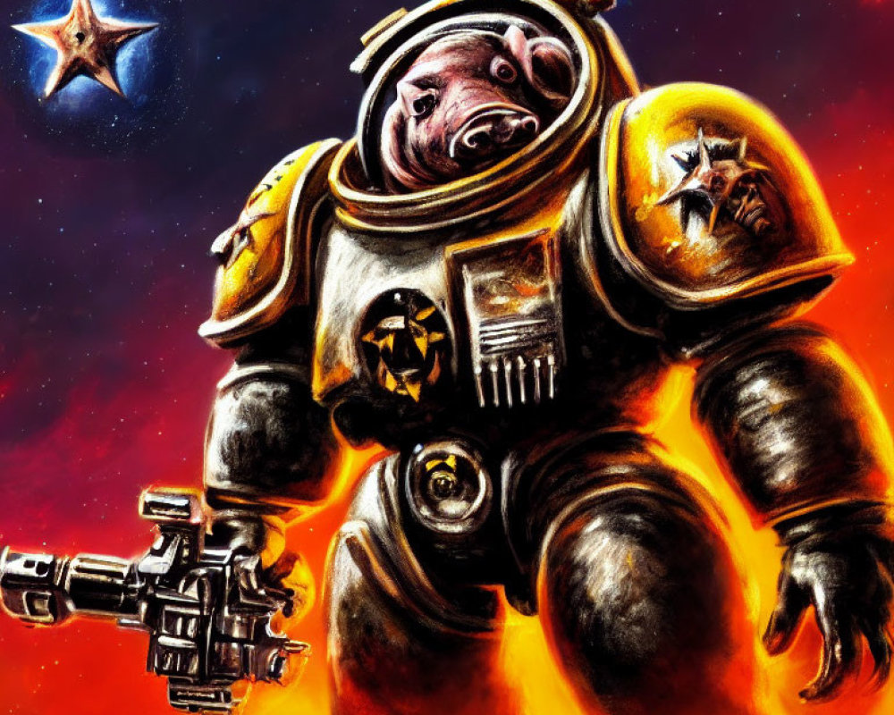 Space marine in bear-headed power armor wields futuristic gun in cosmic scene