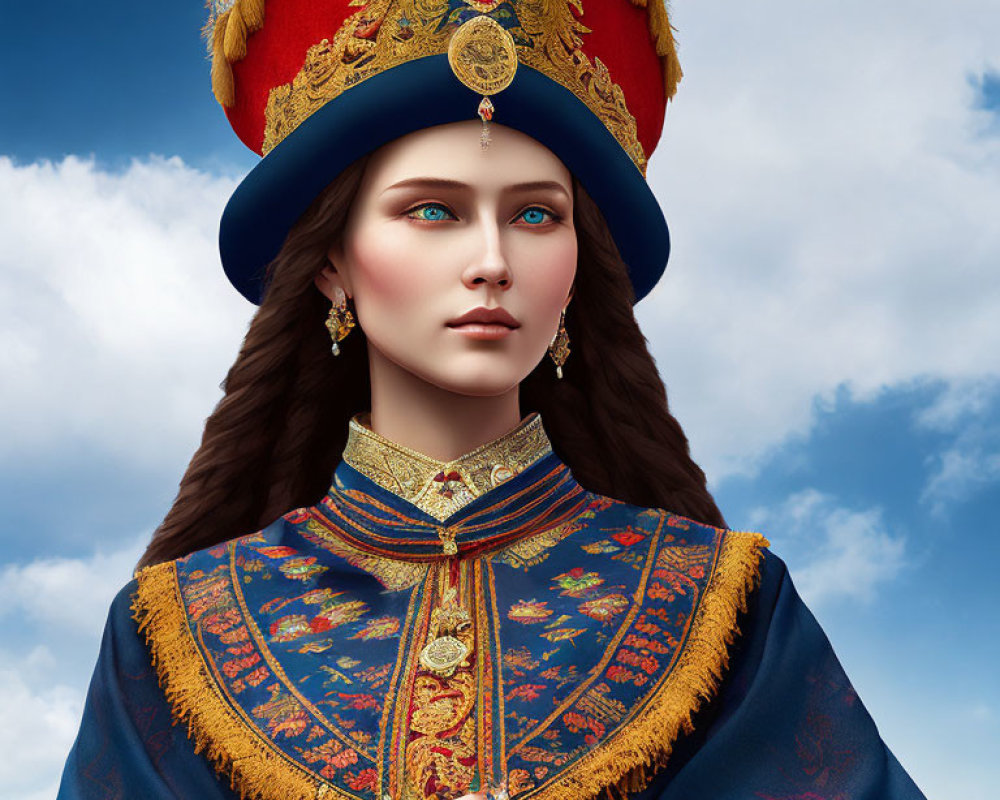 Digital portrait of woman in ornate military-style outfit and hat against cloudy sky.