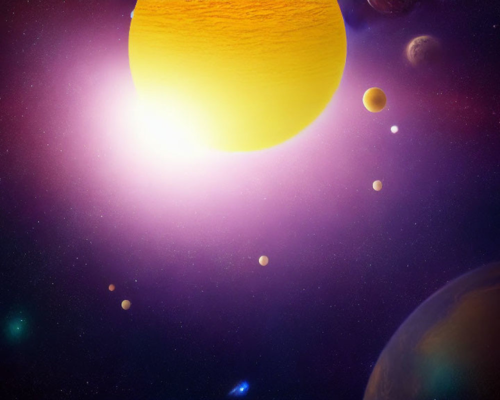 Colorful space scene with sun, planets, and stars