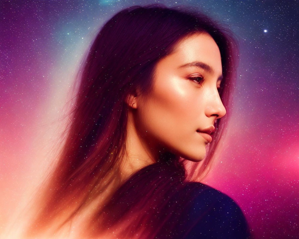 Dark-haired woman in cosmic pink and blue background with stars and ethereal glow