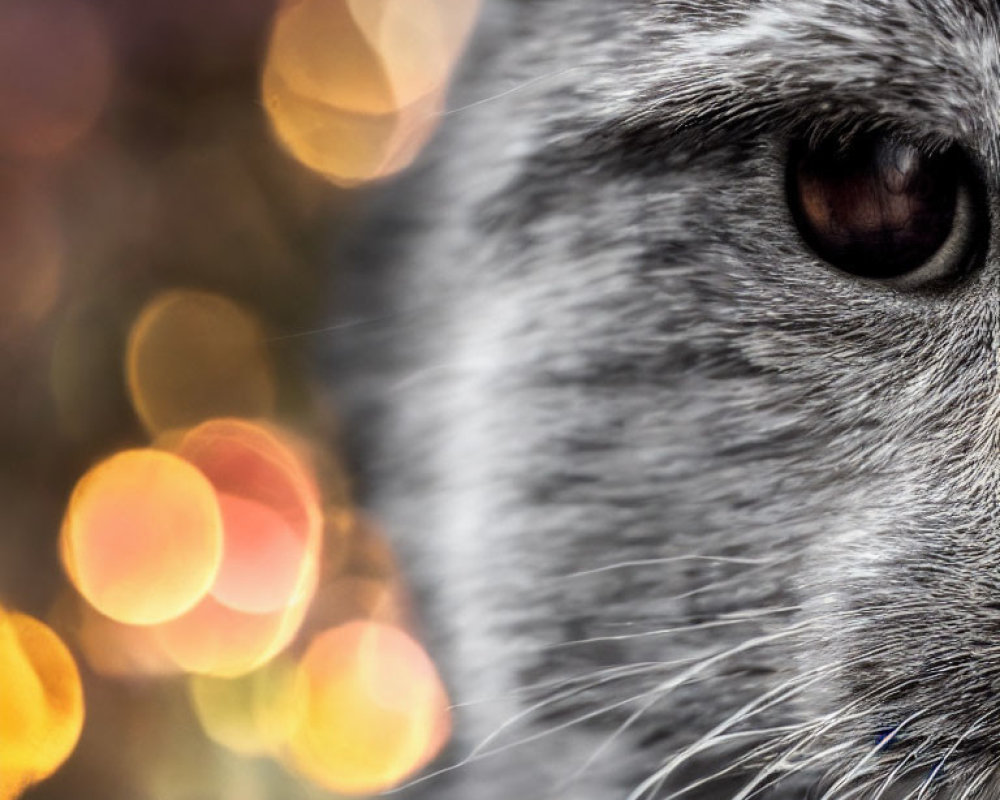 Grey Animal Eye in Close-up with Warm Bokeh Lights