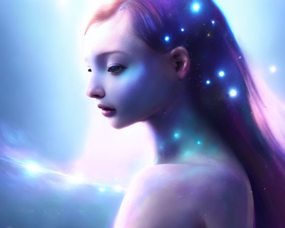 Mystical woman portrait with purple skin and cosmic aura