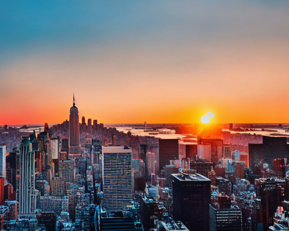 Cityscape sunset with silhouetted skyscrapers in vibrant colors