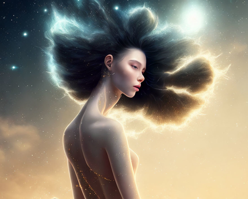 Digital artwork: Woman with ethereal hair in starry sky.