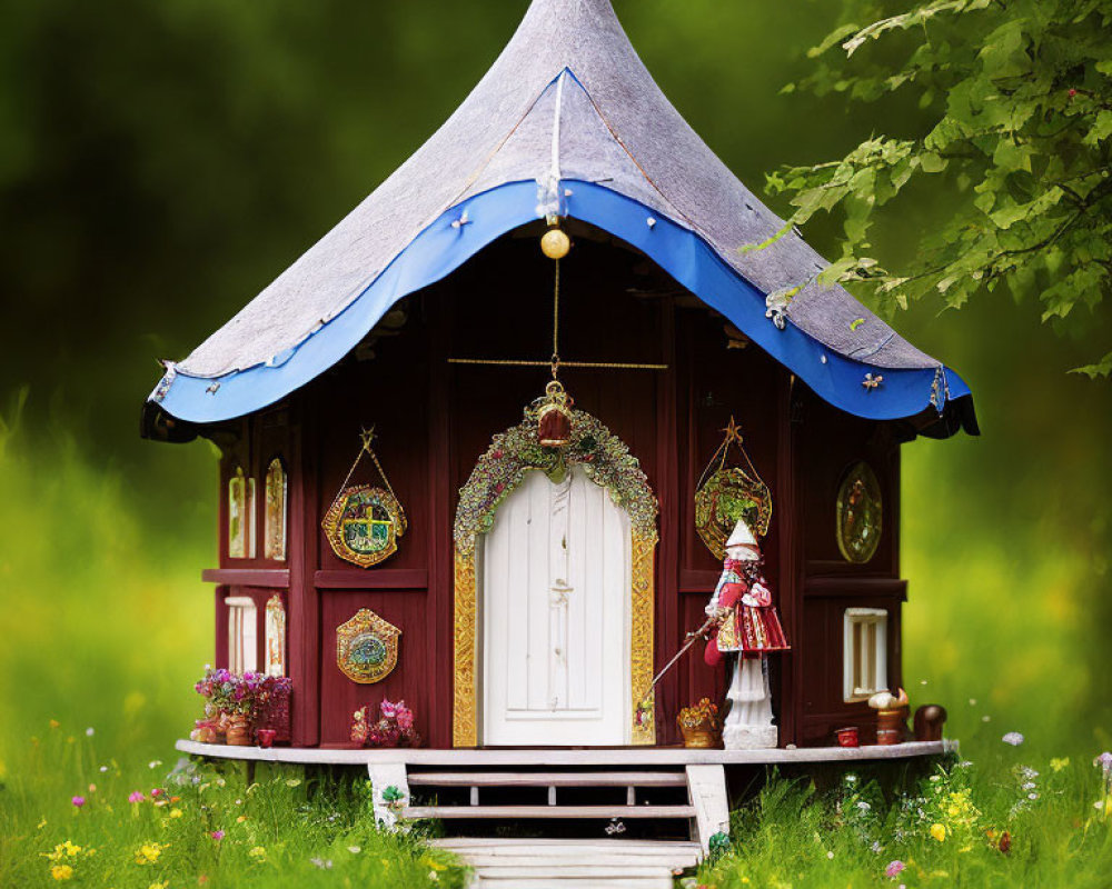 Miniature Blue Roofed House in Lush Green Field with Flowers