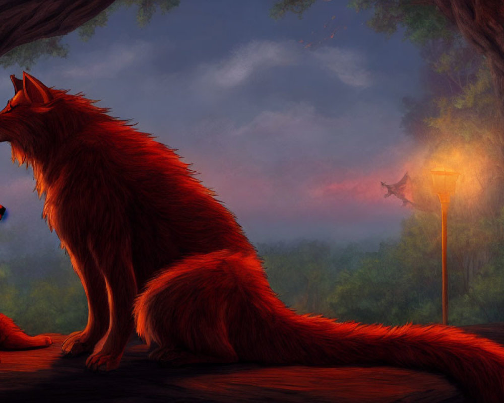 Stylized red wolves in mystical forest at sunset with lamp post