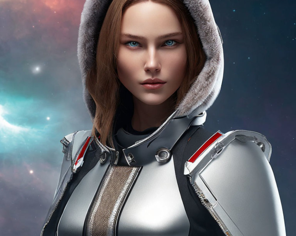 Digital portrait of woman with pale blue eyes in futuristic hooded jacket against cosmic starry background