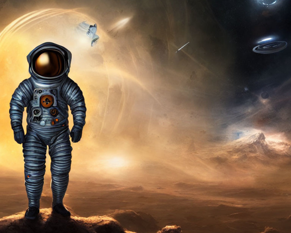 Astronaut on Cloudy Terrain with Planets and Galaxy View