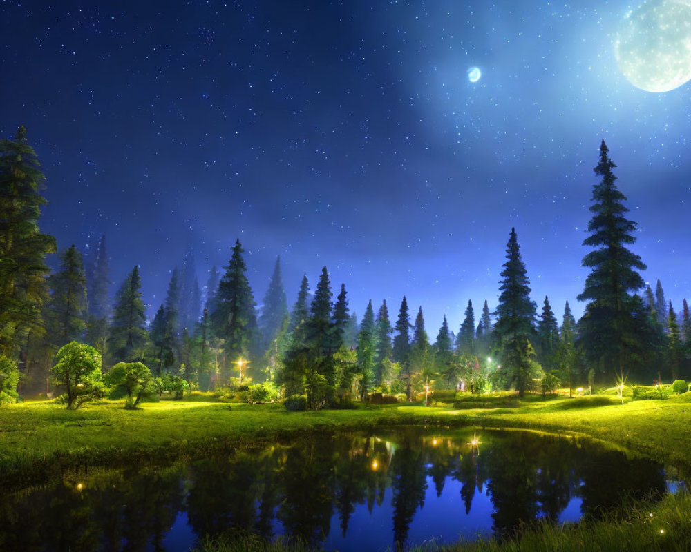 Tranquil night landscape with starry sky, full moon, forest, and pond