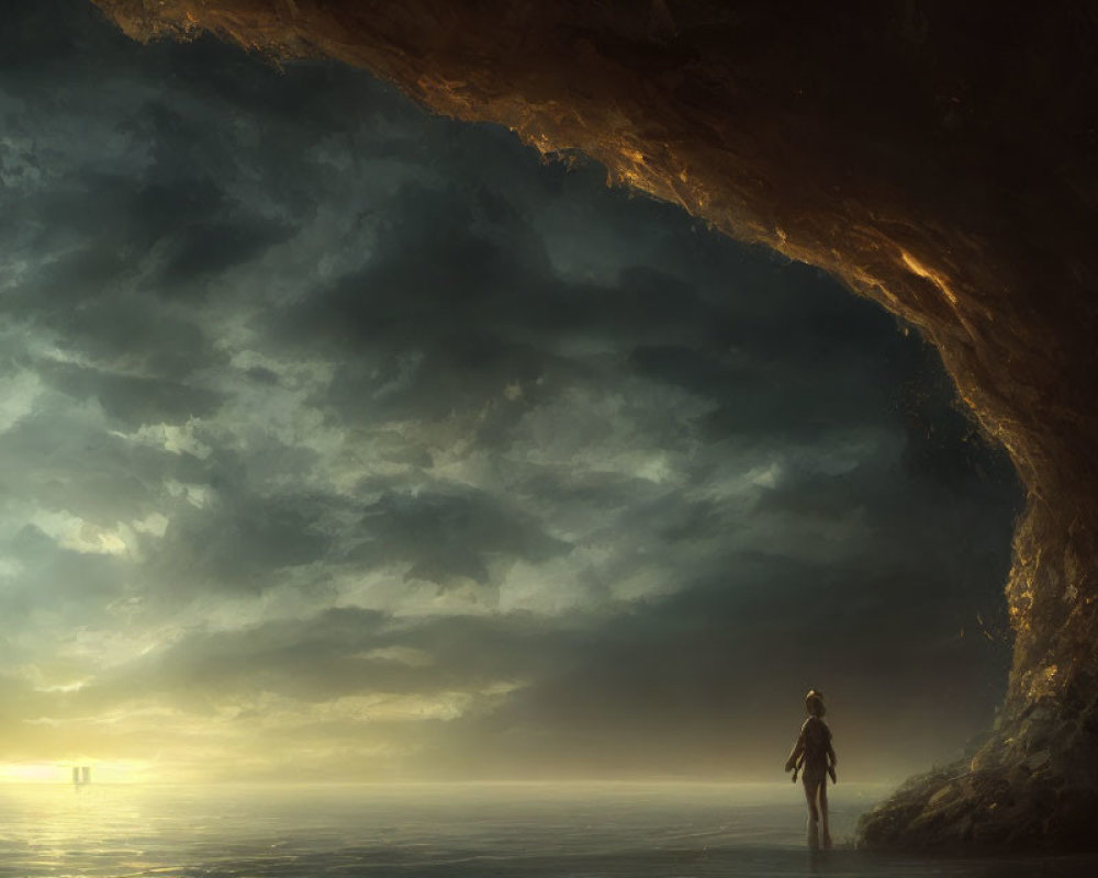 Solitary figure admiring cave sea view under dramatic sky