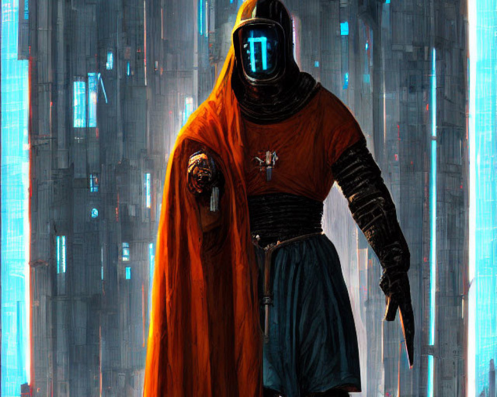 Futuristic armored suit with orange cloak in neon-lit cityscape