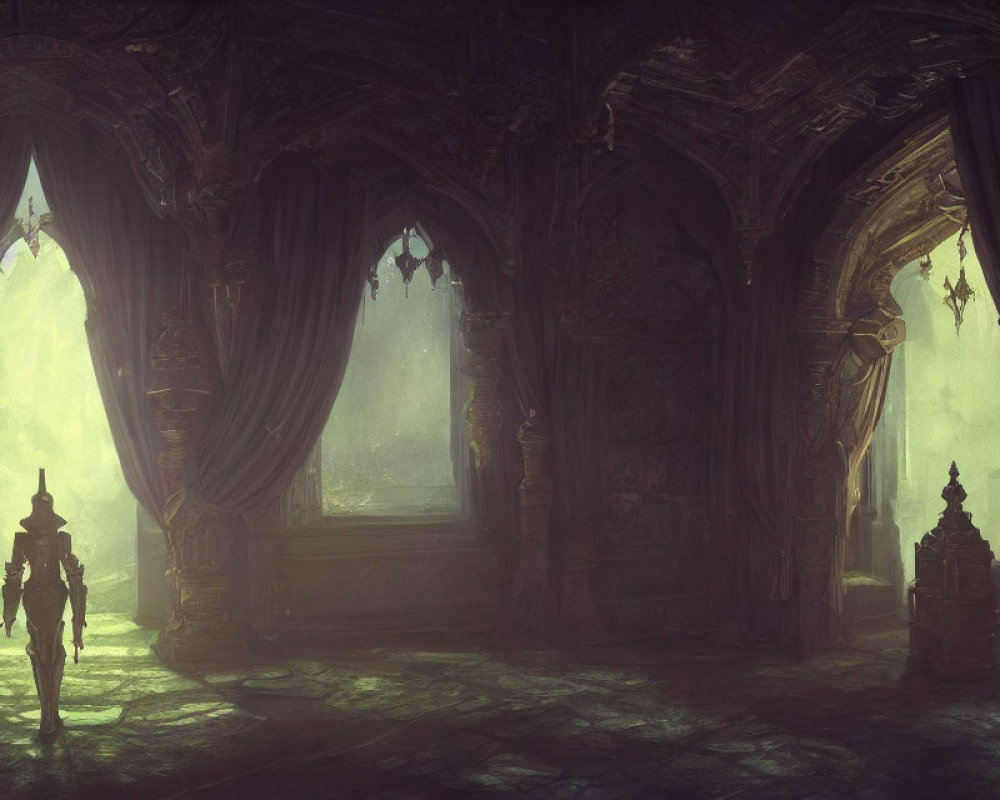 Knight in Gothic Hall with Towering Arches and Green Light