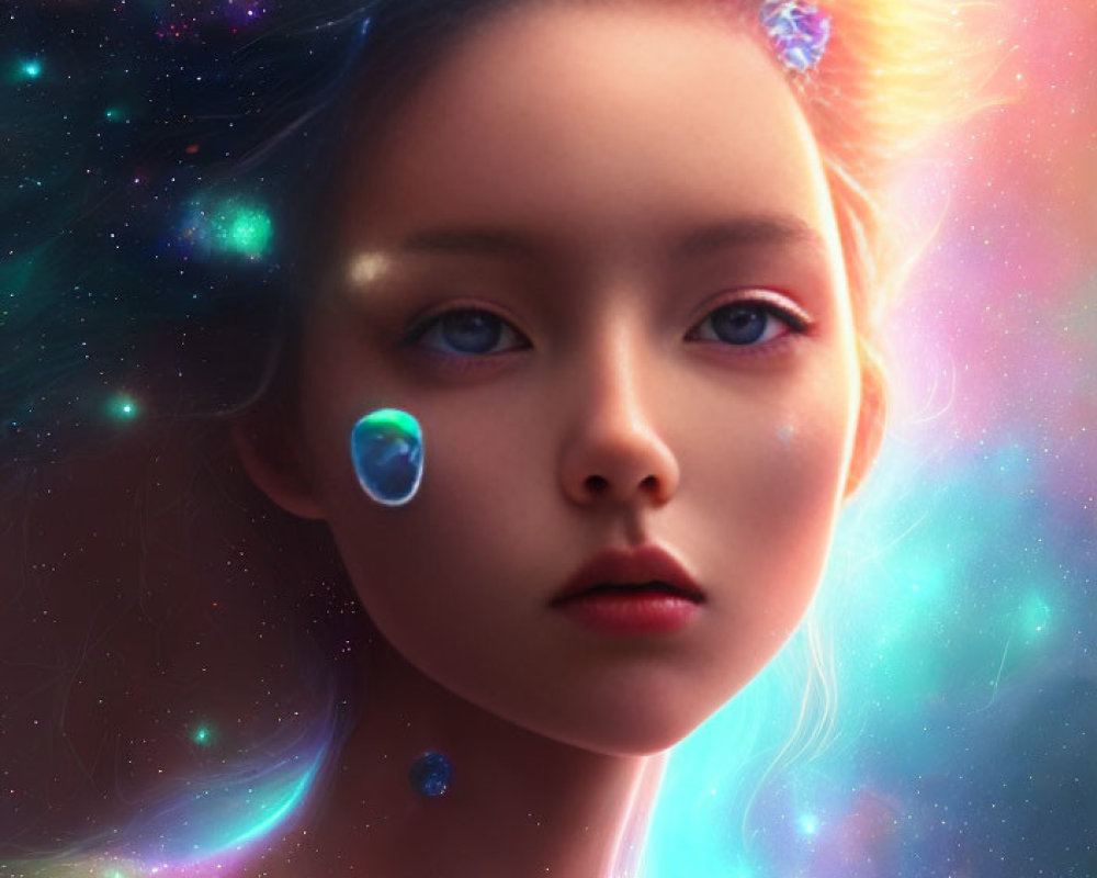 Surreal portrait of young woman with cosmic features