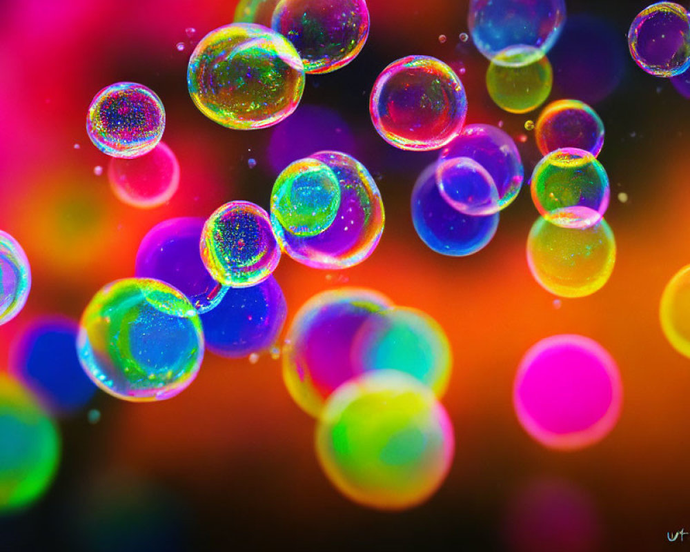 Colorful soap bubbles on multicolored bokeh background