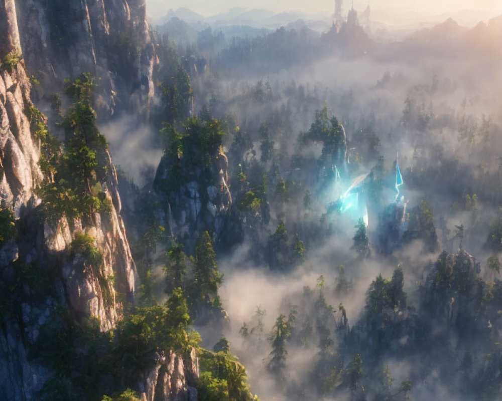 Mystical forest with fog, blue lights, castle, mountain landscape