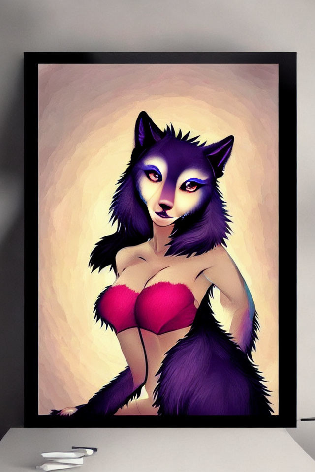 Illustration of female wolf in purple fur and red bikini on easel