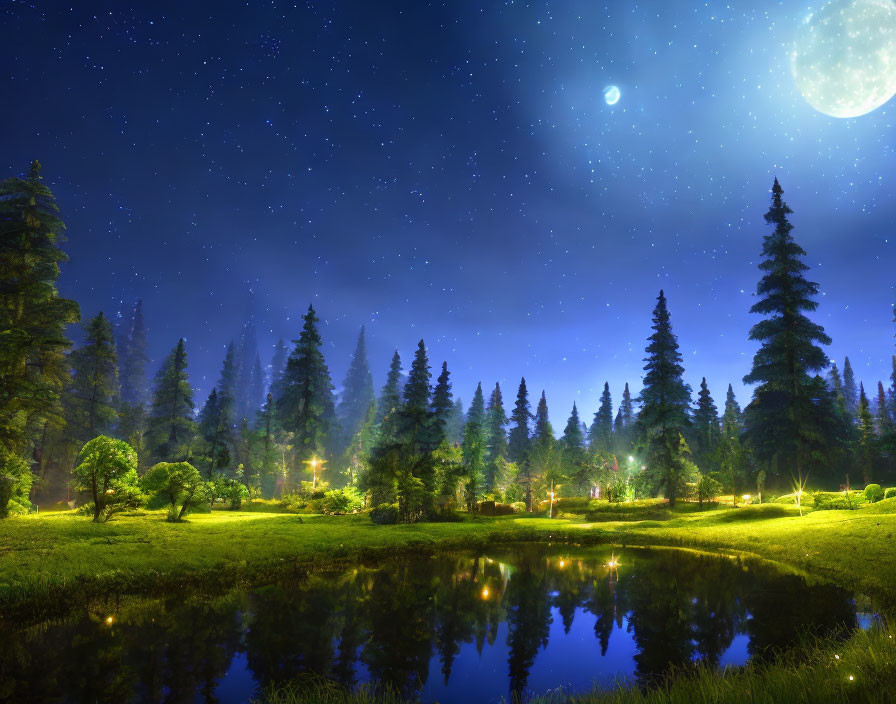 Tranquil night landscape with starry sky, full moon, forest, and pond