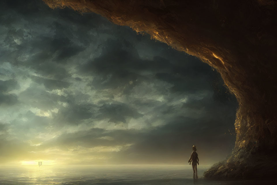 Solitary figure admiring cave sea view under dramatic sky