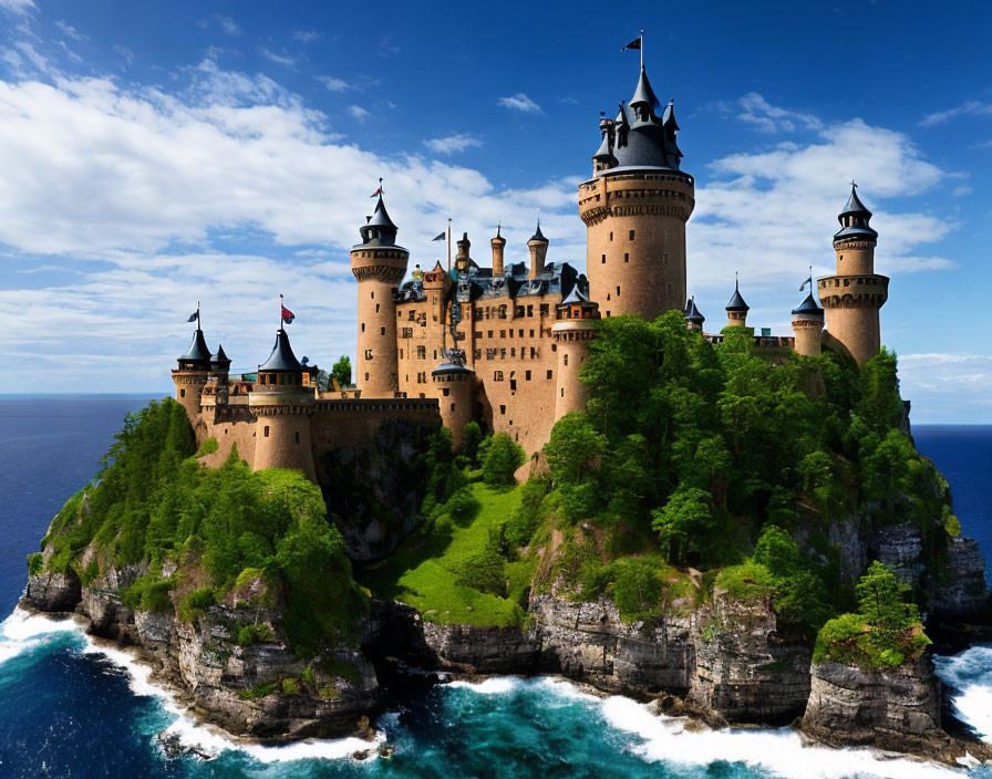 Medieval castle with towers on cliff above stormy sea and greenery under cloudy sky