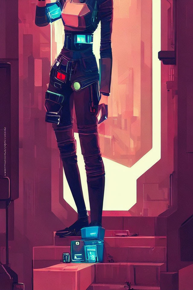 Futuristic armor figure in neon-lit doorway with cyberpunk vibe