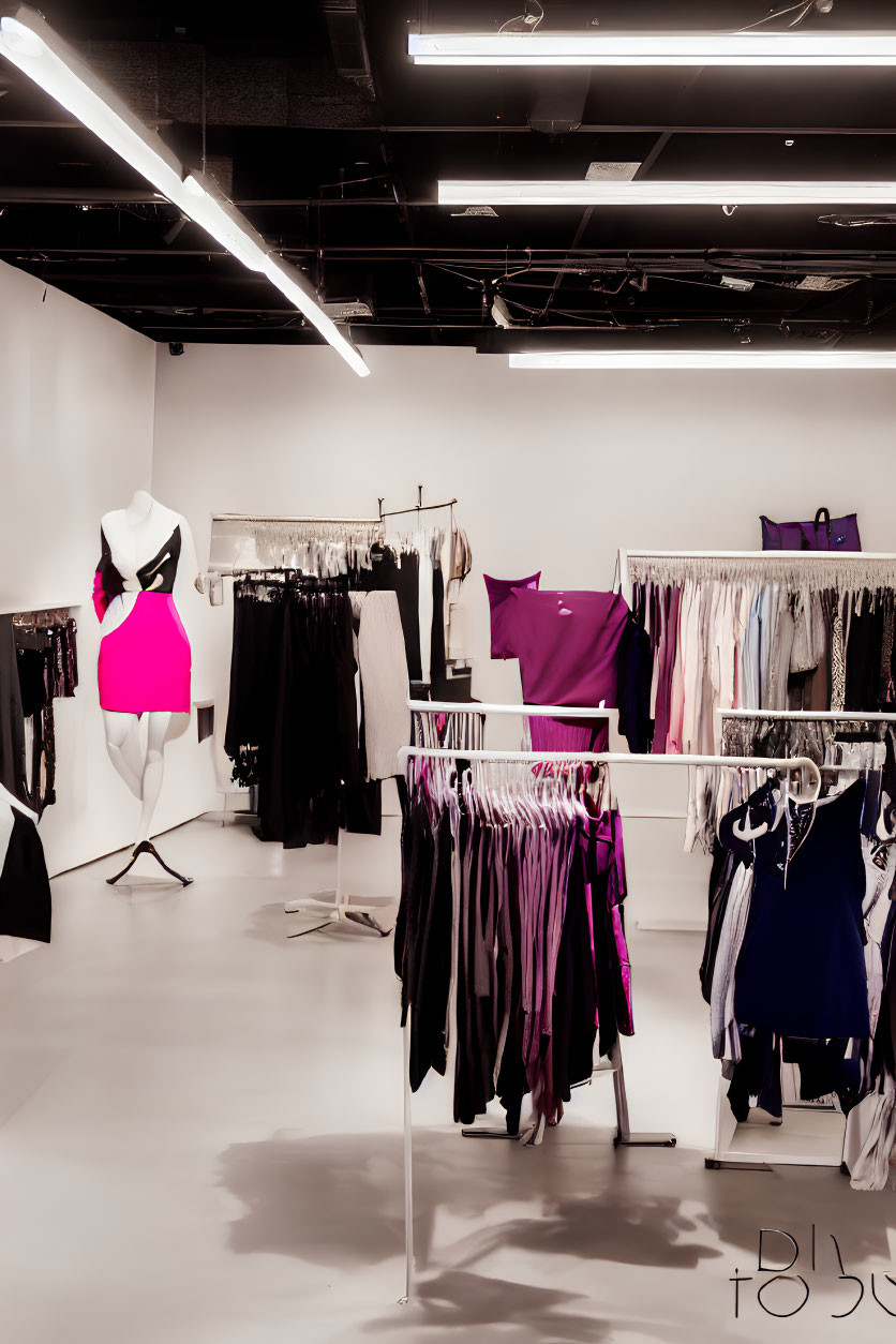 Modern clothing store interior with racks of garments and designer outfits on mannequins under bright lighting