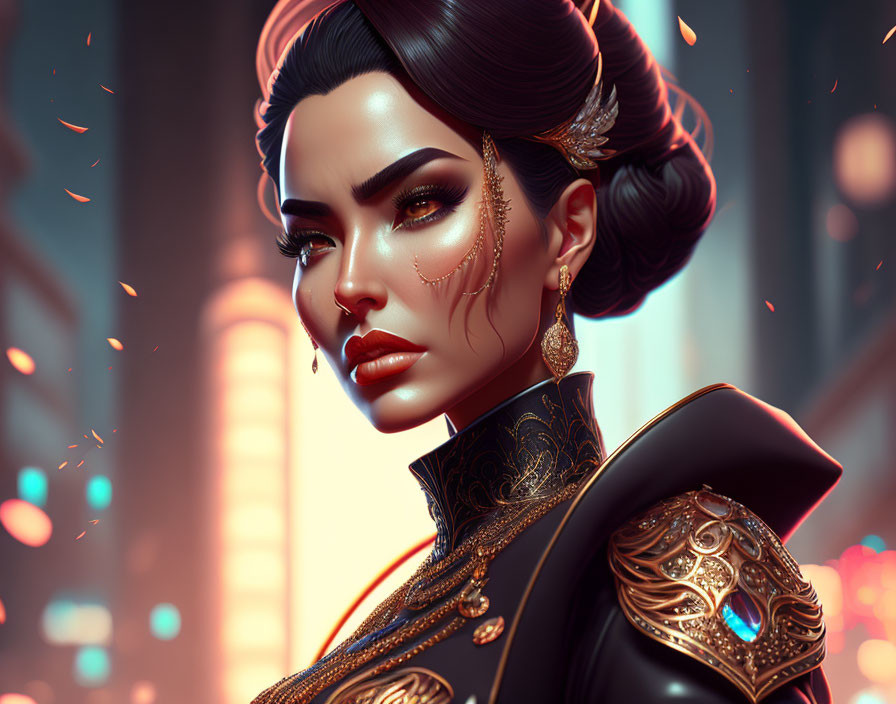 Digital Artwork: Woman with Ornate Hairstyle, Gold Jewelry, and Tattoos in Neon City