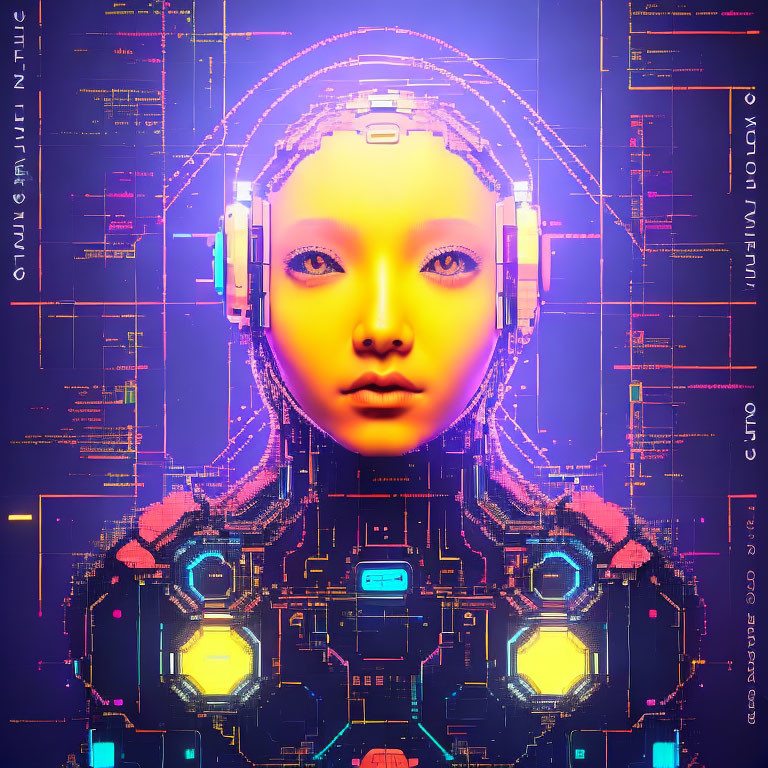 Digital portrait of female with neon circuitry and immersive headgear on schematic backdrop