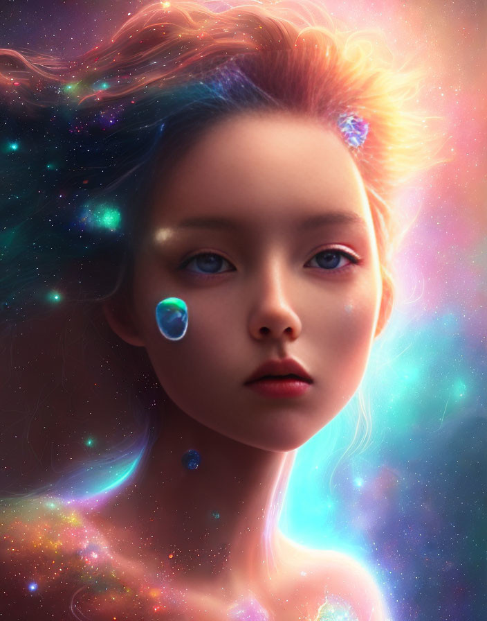 Surreal portrait of young woman with cosmic features