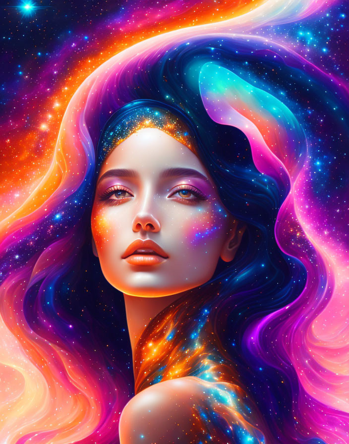 Cosmic-themed makeup woman with galaxy hair in star-studded space.