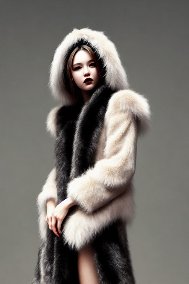 Stylish person in black and white fur coat on gray background