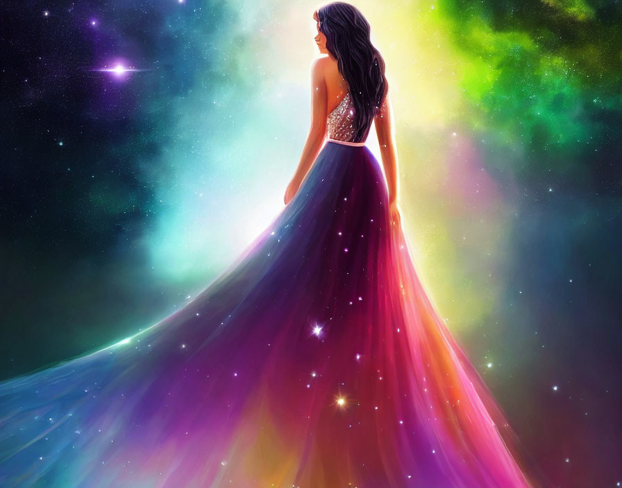 Woman in Flowing Purple-Pink Dress Against Cosmic Background