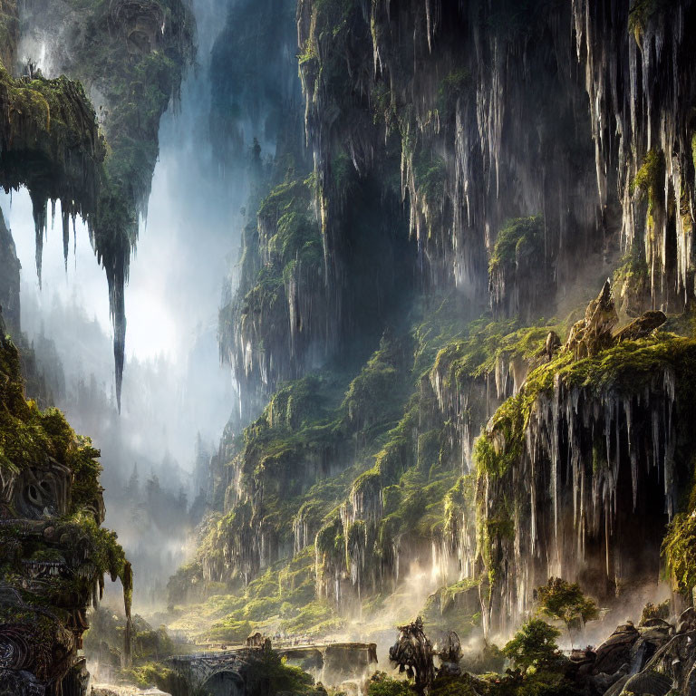 Mystical forest with sunlight, mist, lush greenery, hanging vines