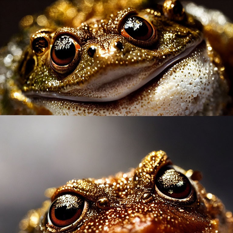 Detailed Close-Up of Golden Brown Frog with Textured Skin and Glistening Eyes