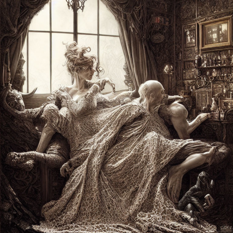 Gothic illustration of woman in lace dress with skeletal figure in ornate room