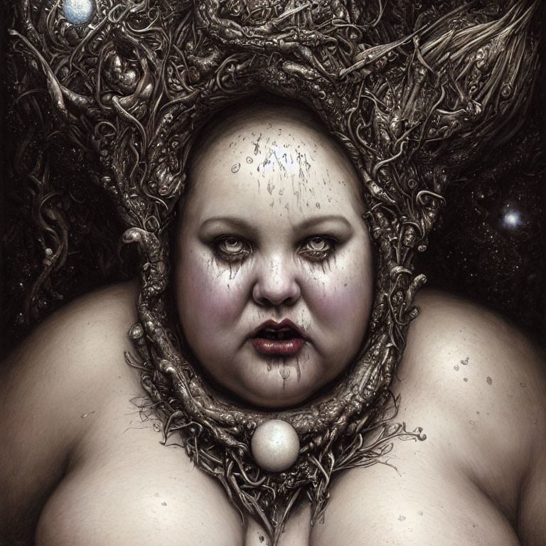 Detailed digital artwork: Pale, plump figure with ornate headpiece in cosmic backdrop