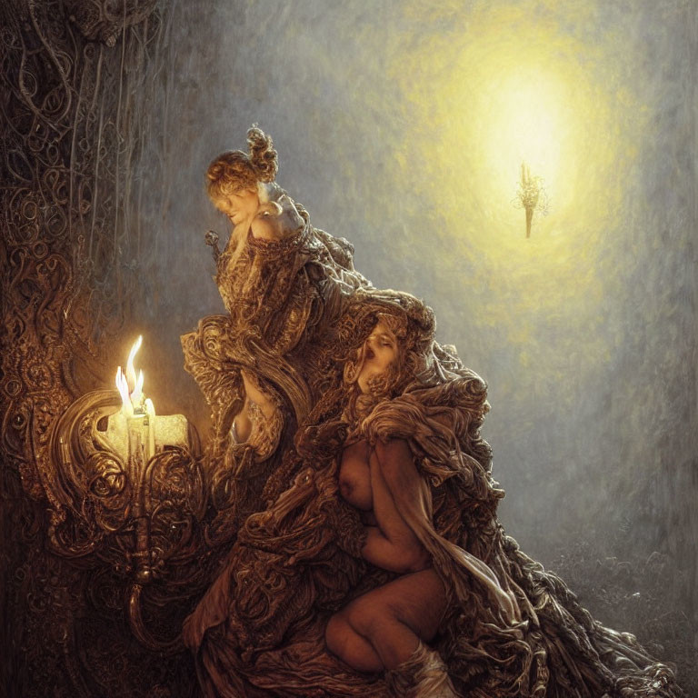 Two women in baroque attire in ethereal setting with candle and glowing orb