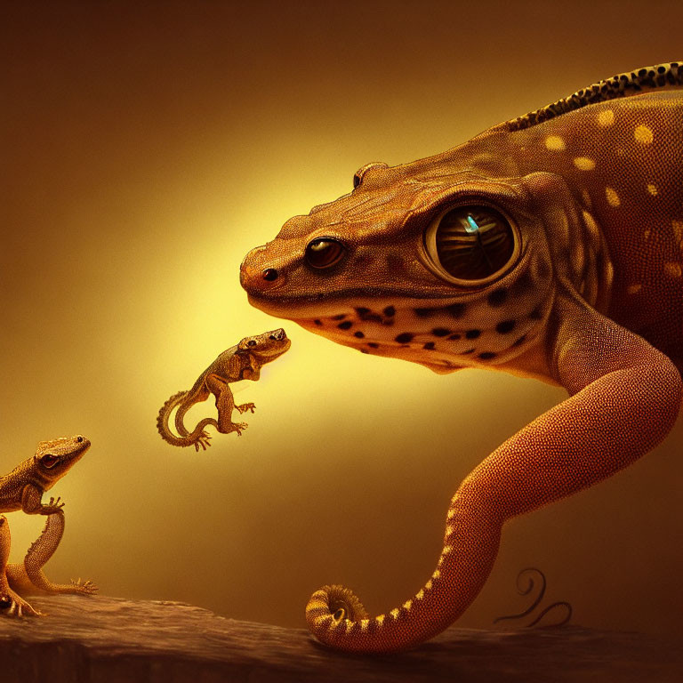 Detailed digital artwork of large gecko with two smaller geckos on warm amber background