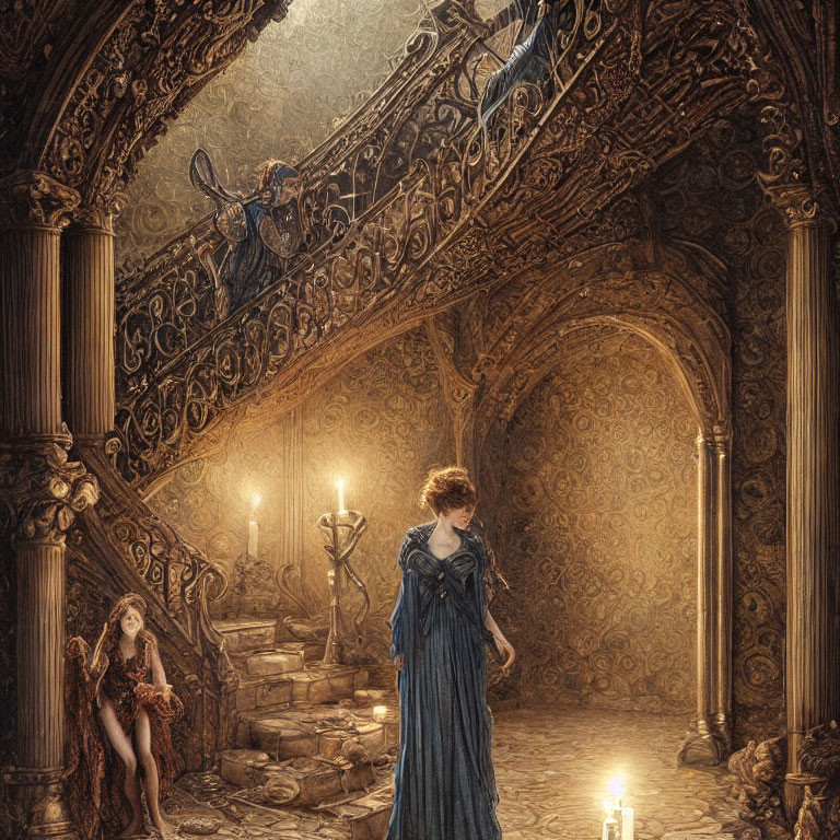 Intricately designed chamber with candlelight, woman in blue gown, and figures surrounded by scrolls