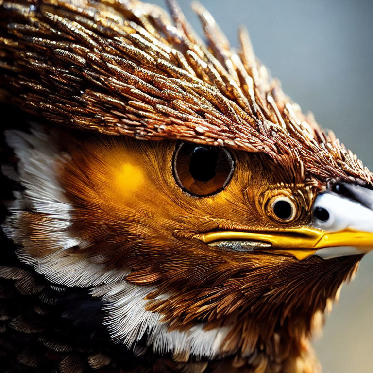 Detailed close-up of bird with brown and golden plumage and sharp beak