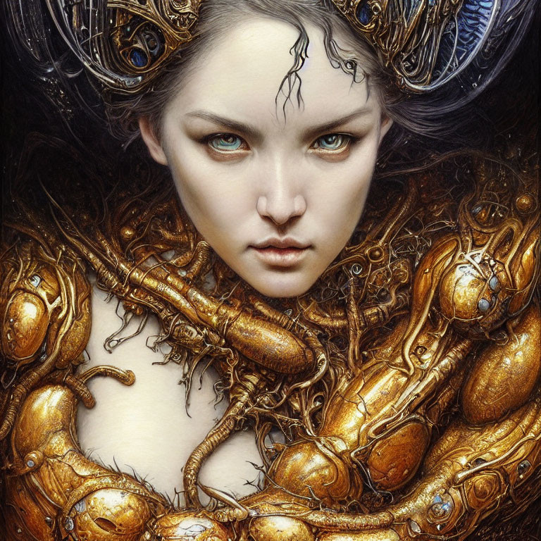 Intricate artwork of woman with blue eyes and golden mechanical details