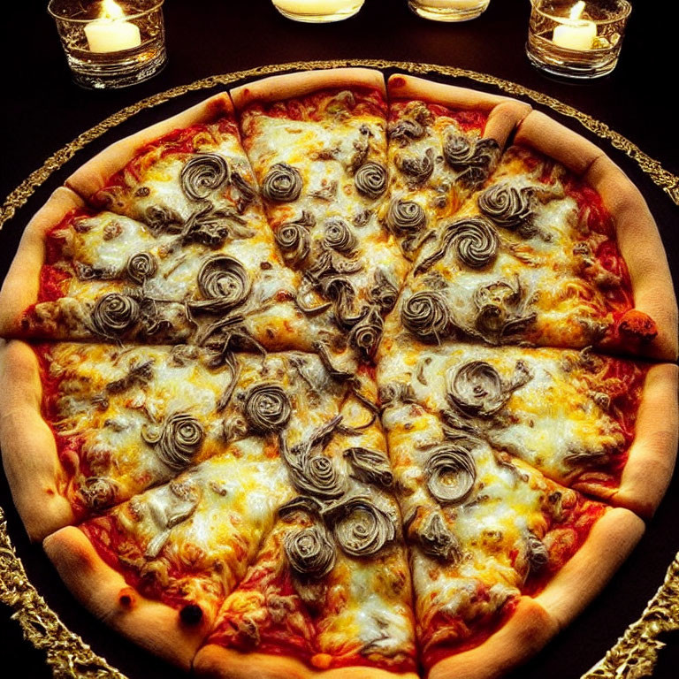 Circular cheese pizza with assorted toppings on wooden table with glowing candles