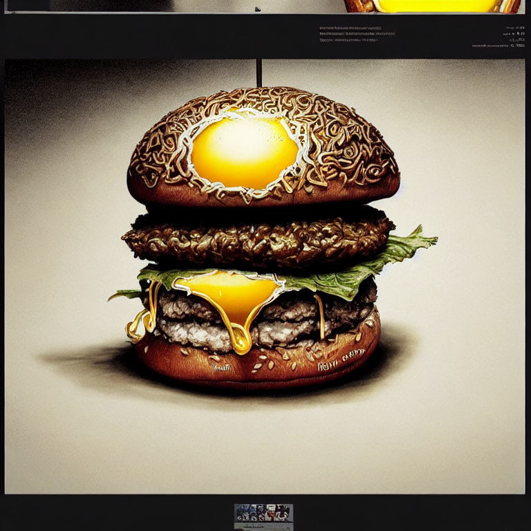 Detailed hyper-realistic drawing of layered burger with eggs, cheese, and lettuce on dark background