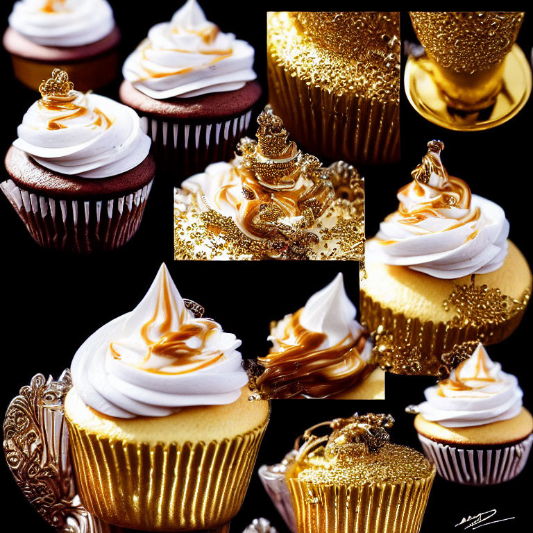 Luxurious Cupcakes with Golden Embellishments and Caramel Drizzle